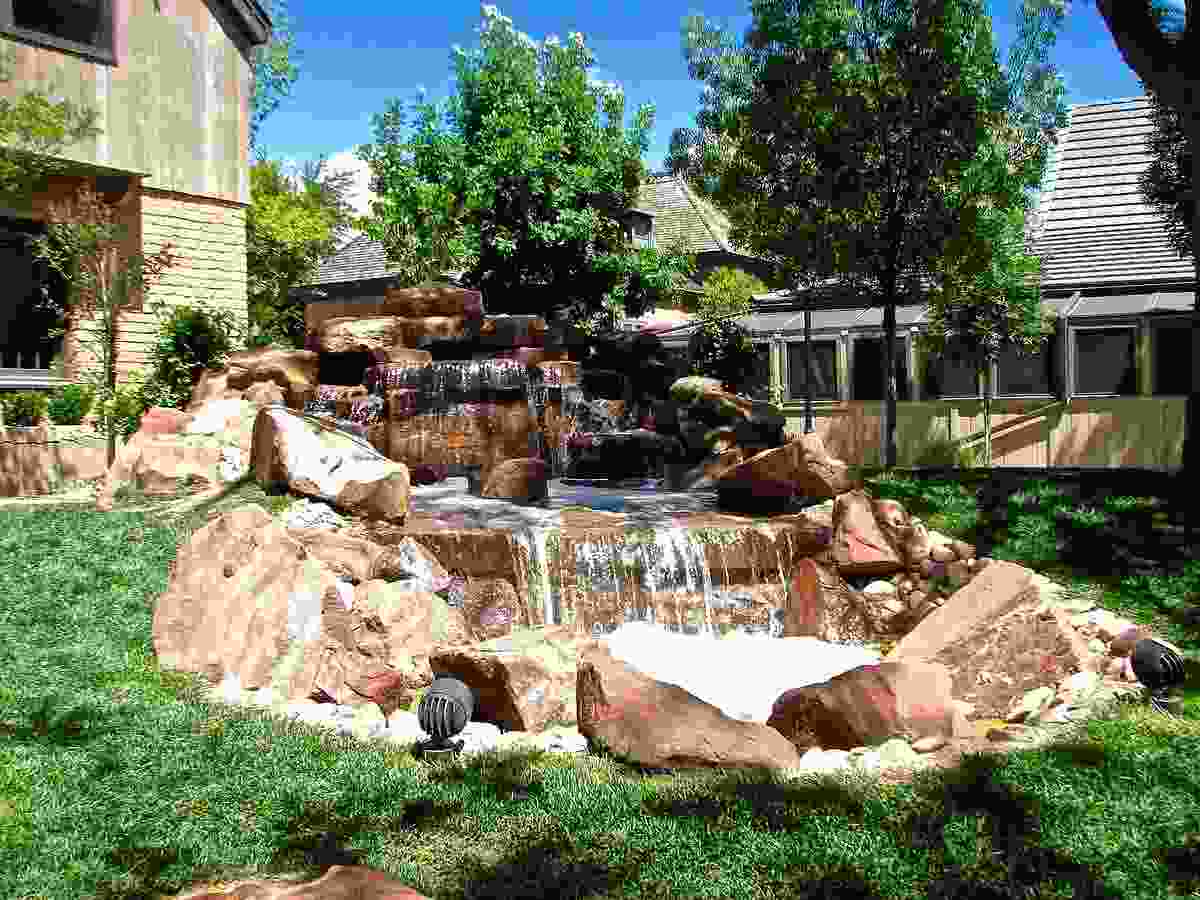 Front View of the Waterfall in Ancestor Square located in St George Utah