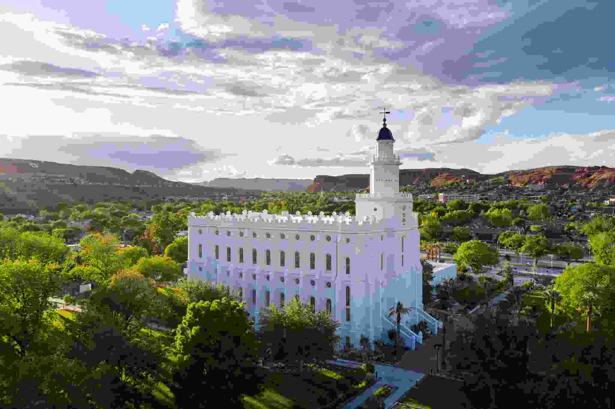 Aerial view of the side of The St George Temple in St George Utah