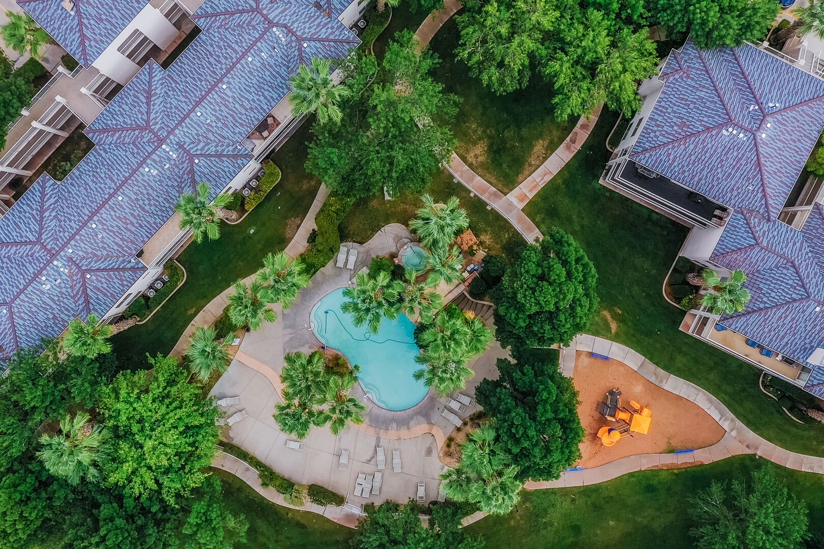 Ariel view of one of the pools and hot tubs within the resort.