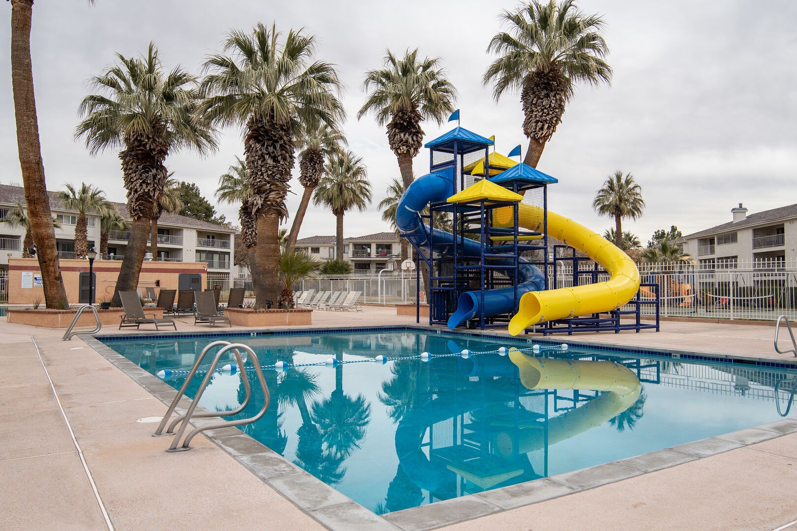 Waterslides and pool behind the Club House.